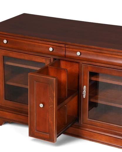 Hauptstadt Möblerei Sideboard H887 in dunklem Holz mit Glasfronten und ausziehbarem Flaschenregal