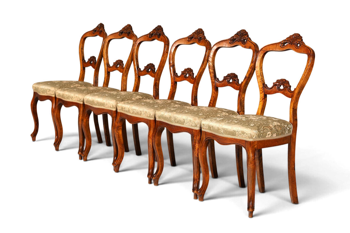 Hauptstadt Möblerei 6er-Set antike Louis Philippe Biedermeier Stühle aus Holz mit gemustertem Stoffbezug