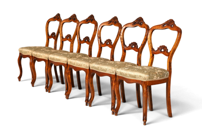 Hauptstadt Möblerei 6er-Set antike Louis Philippe Biedermeier Stühle aus Holz mit gemustertem Stoffbezug