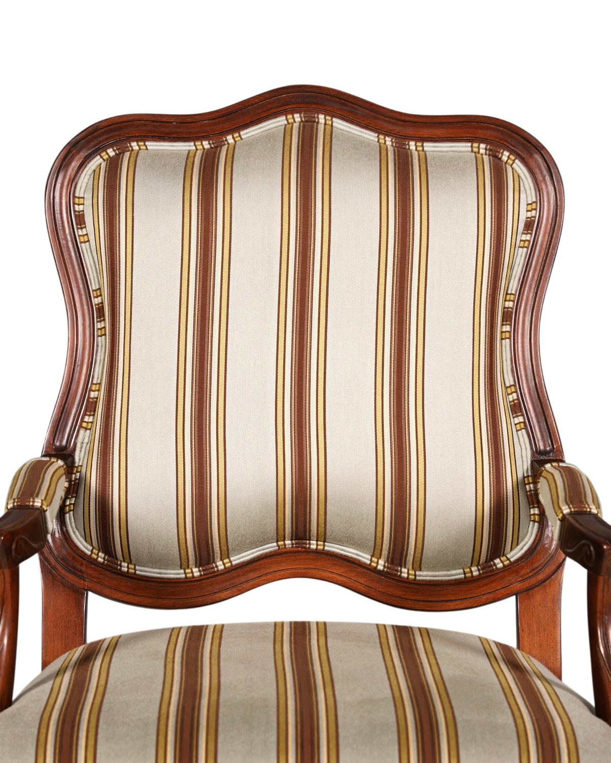 Hauptstadt Möblerei Drexel Heritage Monica Chair Armlehnsessel mit gestreiftem Stoffbezug und dunklem Holzrahmen