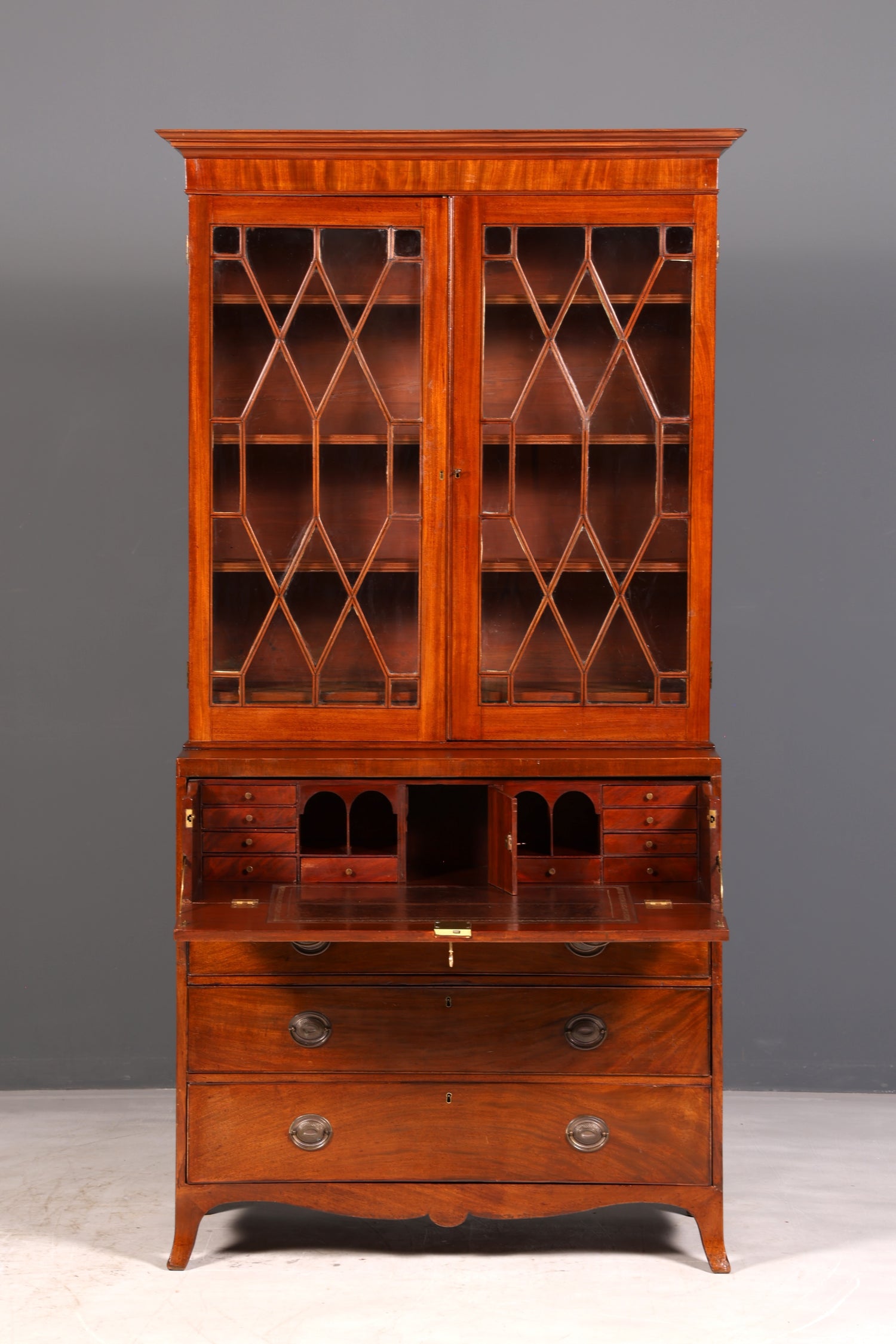 Magnifique secrétaire anglais à abattant avec partie supérieure, secrétaire ancien, bibliothèque vitrine en acajou, meuble de bureau, Royaume-Uni