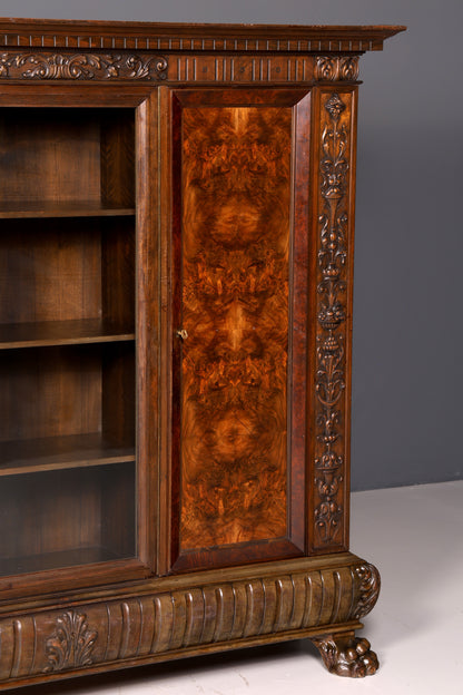 Impressionnante bibliothèque vitrine néo-Renaissance de style Gründerzeit, meuble de bureau, buffet, armoire antique en bois massif