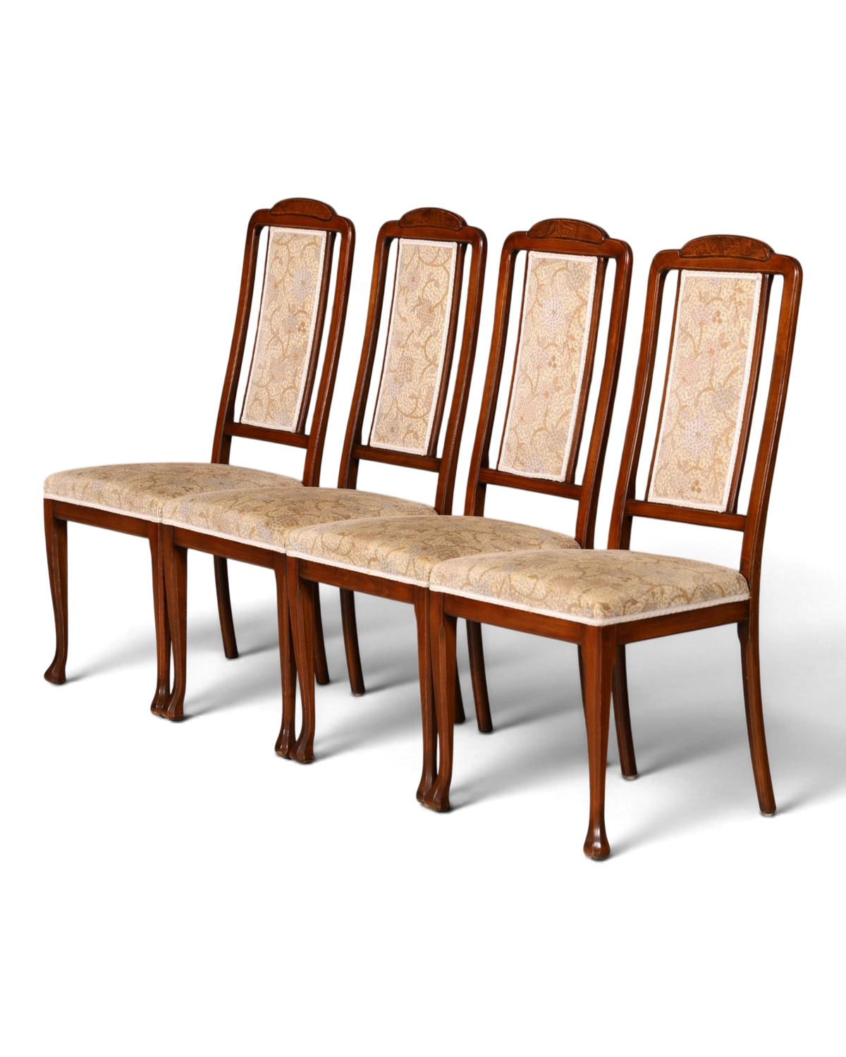 Hauptstadt Möblerei Set aus vier englischen Regency Dining Chairs aus den 60er Jahren mit gemustertem Stoffbezug