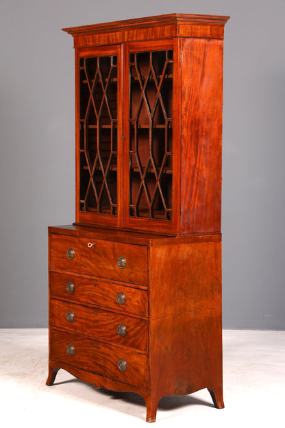Magnifique secrétaire anglais à abattant avec partie supérieure, secrétaire ancien, bibliothèque vitrine en acajou, meuble de bureau, Royaume-Uni