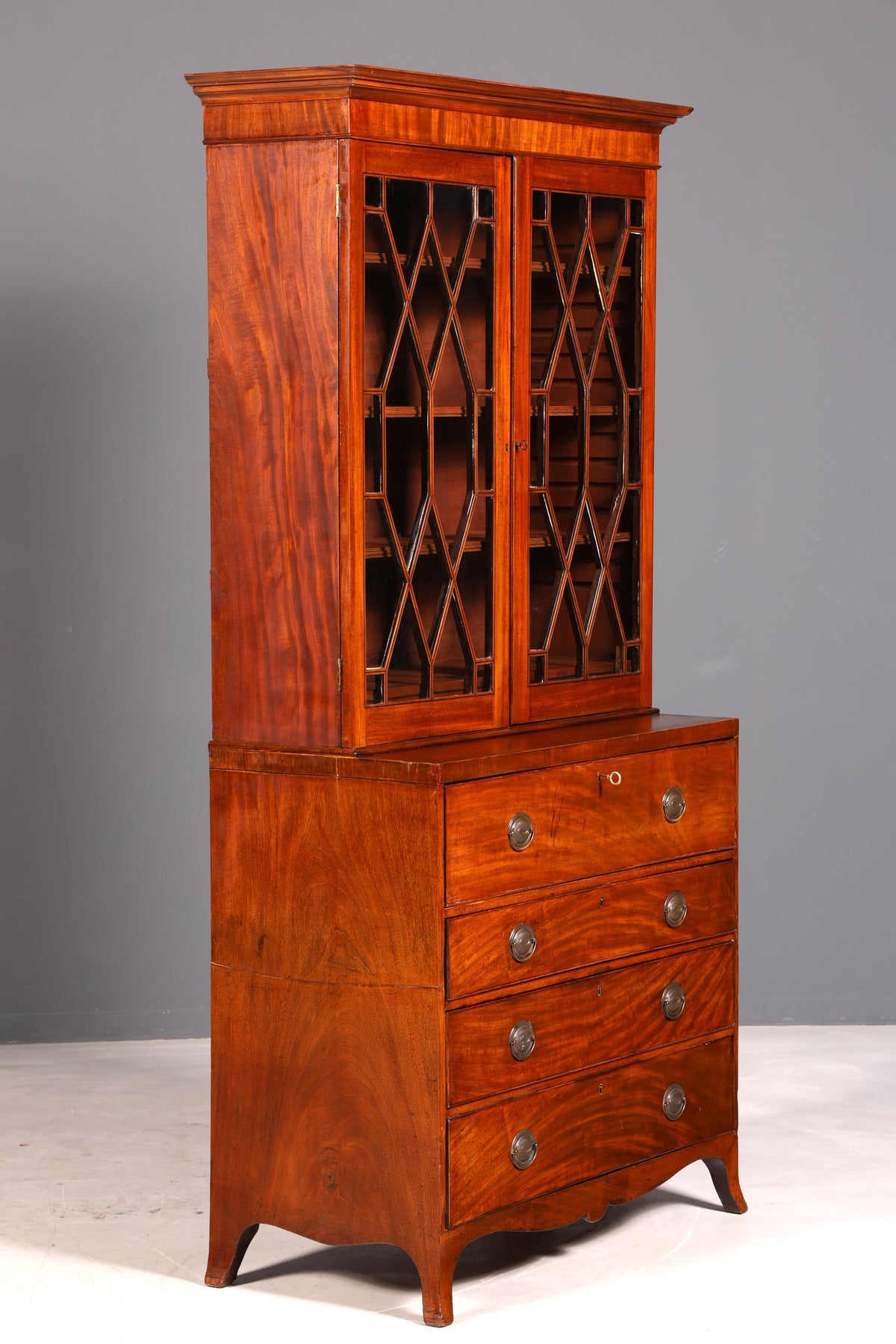 Magnifique secrétaire anglais à abattant avec partie supérieure, secrétaire ancien, bibliothèque vitrine en acajou, meuble de bureau, Royaume-Uni