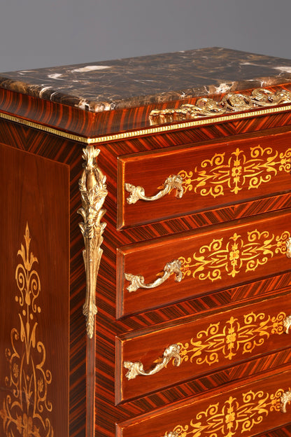 Magnifique buffet haut de style baroque Louis XV, marbre, vertiko, commode marquetée