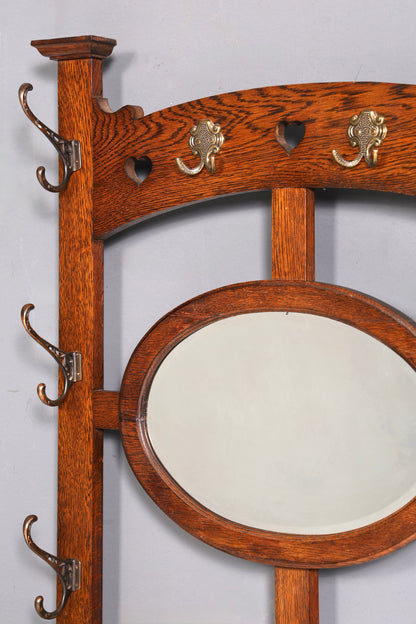 Stunning Art Nouveau hall tree, oak, antique coat rack with mirror, hallway furniture, wall-mounted coat rack