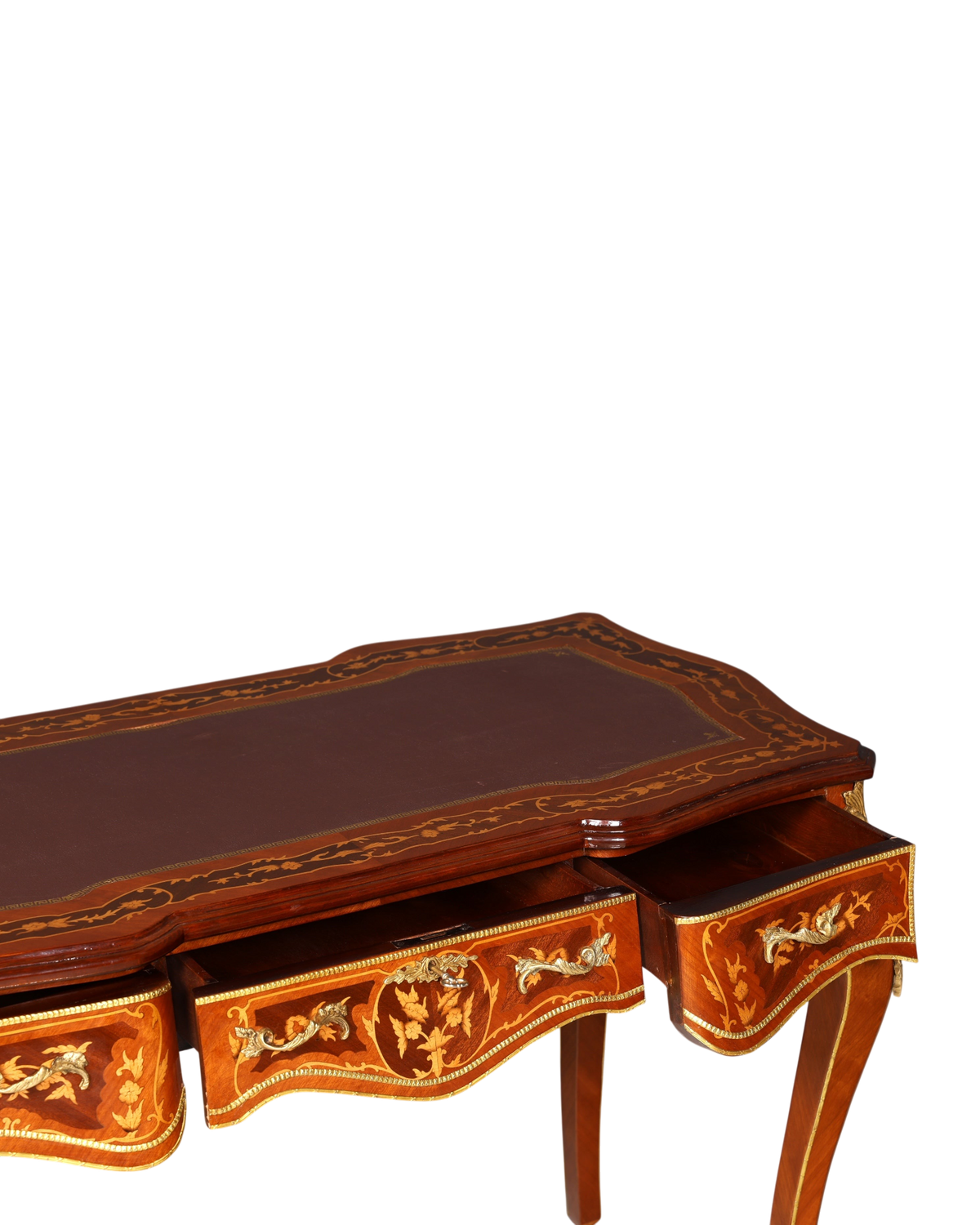 Hauptstadt Möblerei Schreibtisch im Louis XV Stil aus Massivholz mit Intarsien, Messingbeschlägen und Ledereinlage