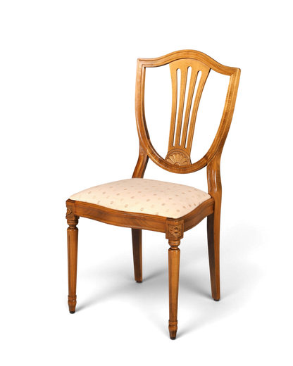Hauptstadt Möblerei Esszimmerstuhl im gustavianischen Stil aus Holz mit heller, gemusterter Polsterung