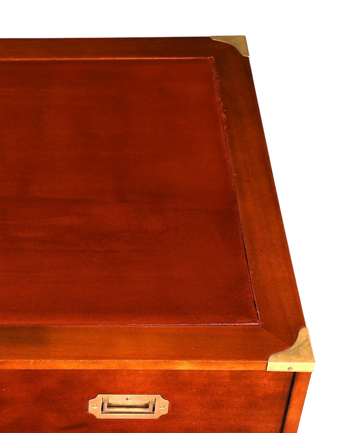 Hauptstadt Möblerei Schreibtisch im Military Chest Stil aus Holz mit brauner Lederauflage und Messingbeschlägen