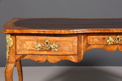 Bureau Louis XV original et majestueux de 1780, bureau plat français en cuir véritable, bureau de bureau ancien