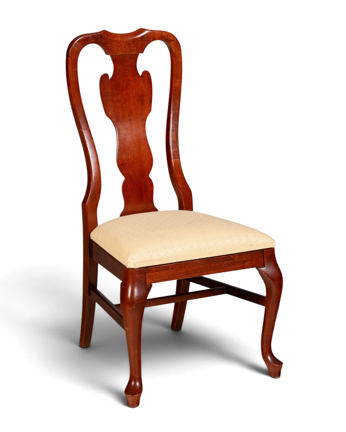 Hauptstadt Möblerei Drexel Heritage Esszimmerstuhl im Chippendale Stil aus dunklem Holz mit beigem Polster