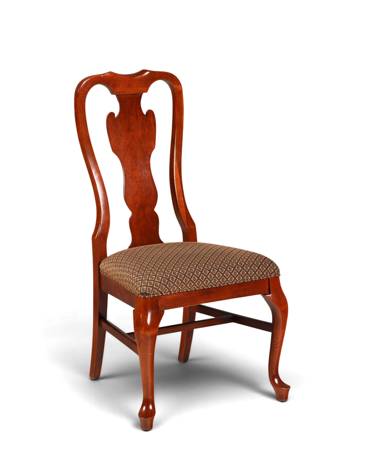 Hauptstadt Möblerei Drexel Heritage Chippendale Stuhl aus dunklem Holz mit gemustertem Stoffbezug