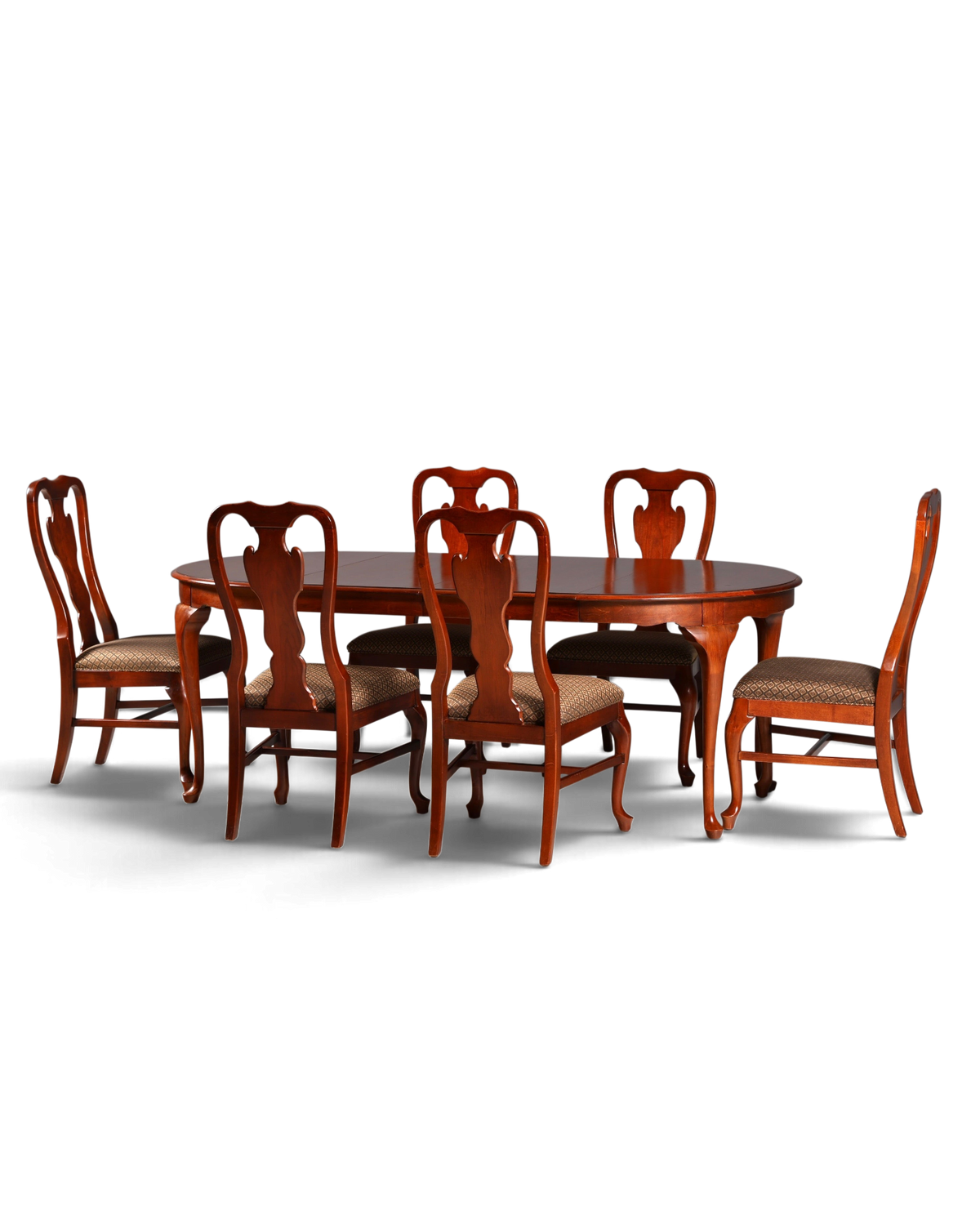 Hauptstadt Möblerei Drexel Heritage Esszimmerstuhl Set im Chippendale Stil aus Holz mit gemustertem Stoffbezug