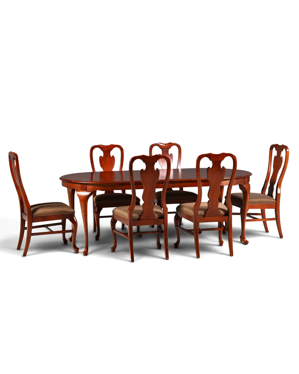 Hauptstadt Möblerei Drexel Heritage Esszimmer-Set mit sechs Chippendale Stühlen aus Holz und gemustertem Stoff