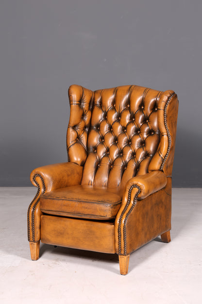 Magnifique fauteuil à oreilles Chesterfield original en cuir véritable anglais, fauteuil de maître, fauteuil relax inclinable, vintage