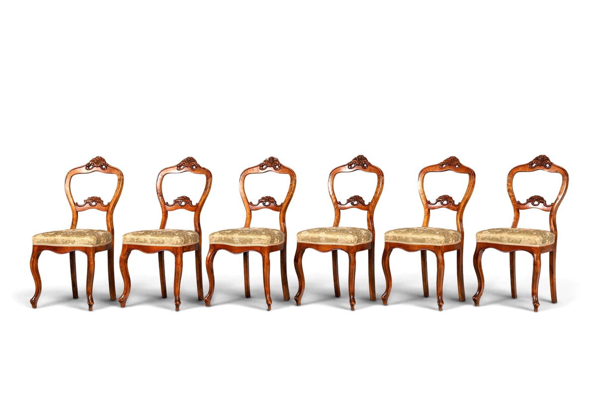 Hauptstadt Möblerei 6er-Set antike Louis Philippe Biedermeier Stühle aus Holz mit gemustertem Polsterbezug