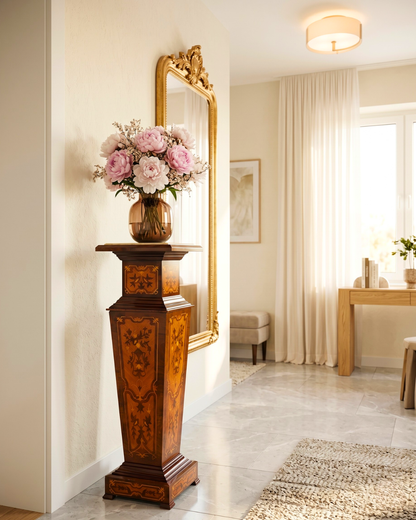 Colonne baroque élégante Louis XV, colonne à fleurs en marbre, plateau en pierre naturelle, incrustations, style antique