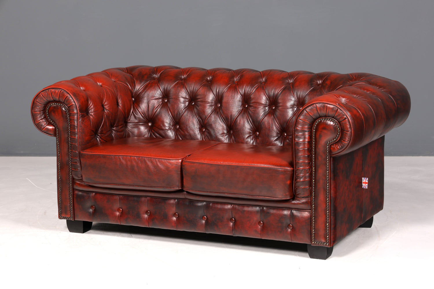 F953 Finish cm Wunderschönes Original Chesterfield 2er Sofa Englisch Oxblood Leder 2- Sitzer Couch