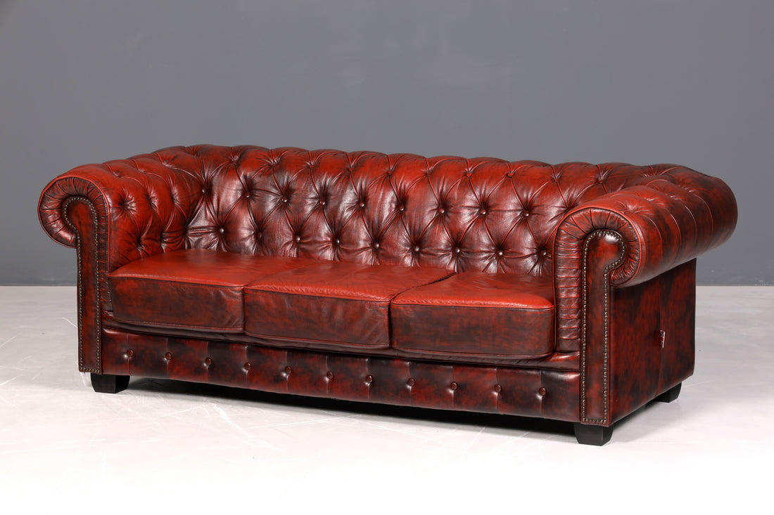 F954 Finish cm Wunderschönes Original Chesterfield Sofa 3- Sitzer echt Leder Oxblood Couch Englisch