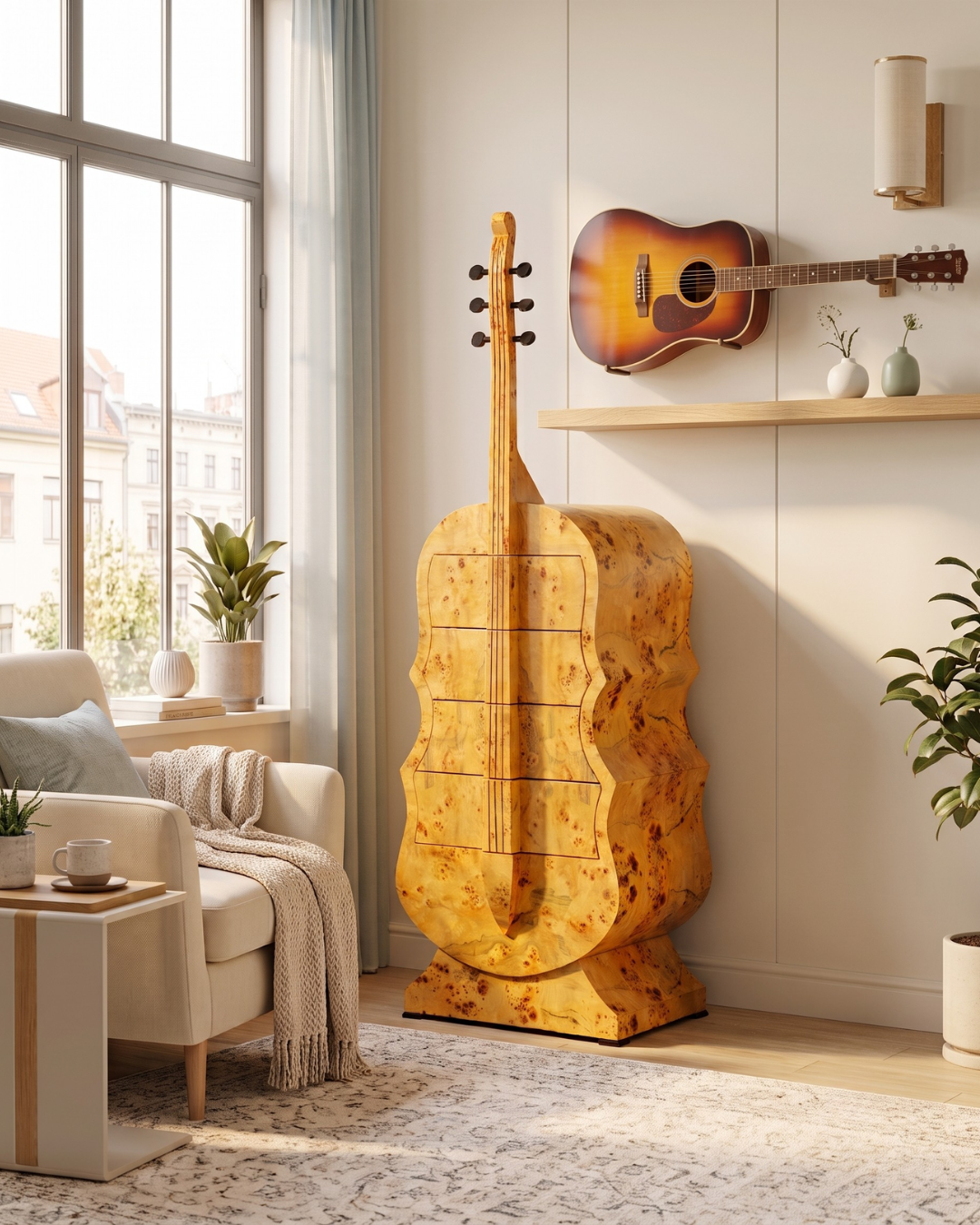 Traumhafte Art Deco Stil Kommode in Kontrabass Form Birke Vertiko Schubladenkommode Gitarren Kommode