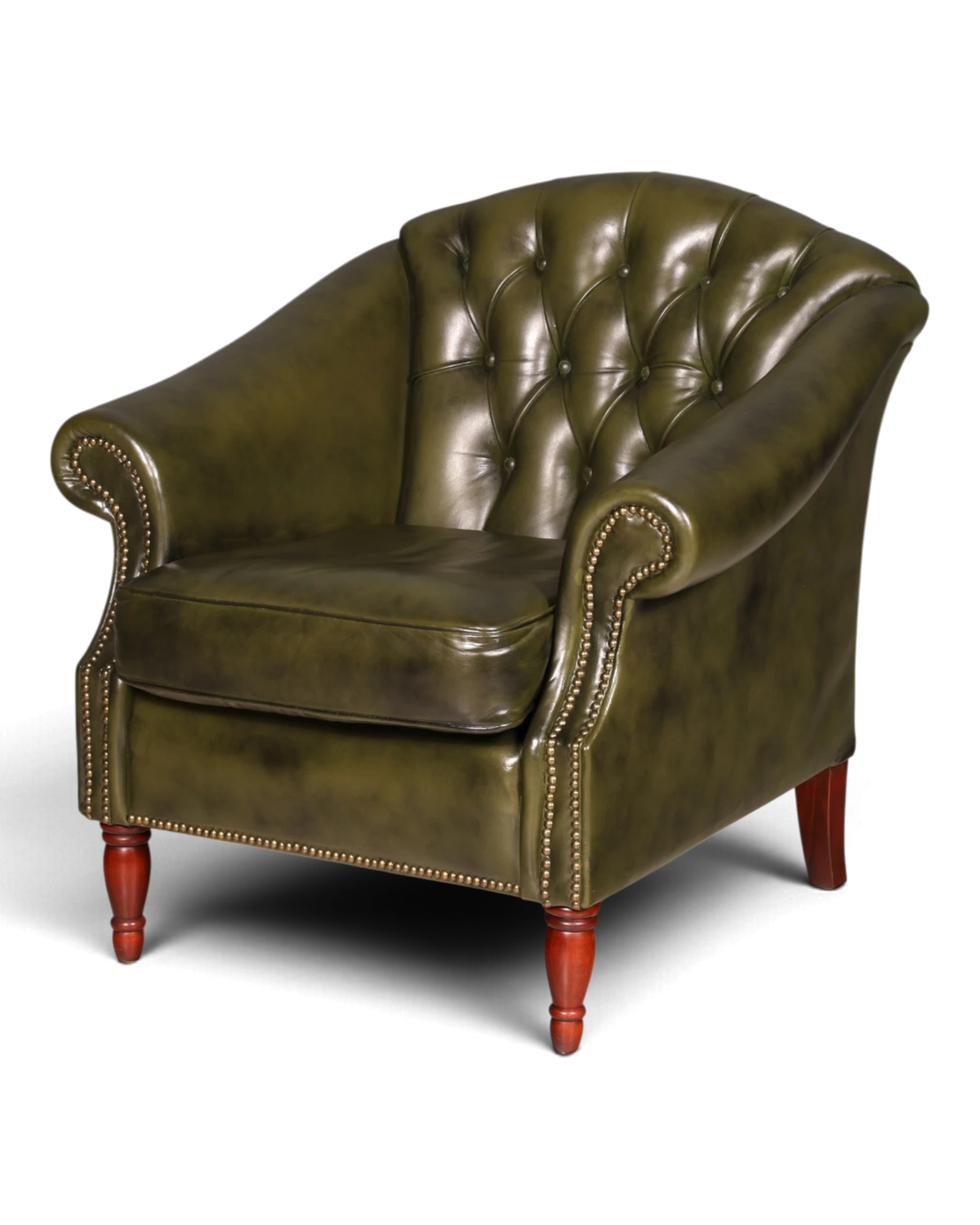 Fauteuil club Chesterfield anglais raffiné en cuir vert, tub chair, fauteuil en cuir avec capitonnage à boutons