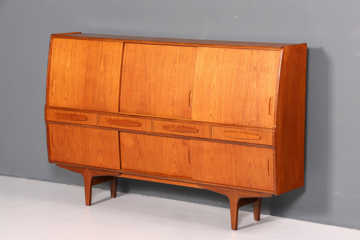 Magnifique buffet haut en teck du milieu du siècle, meuble original PAM Viby J., commode de bureau, meuble bar, années 1960