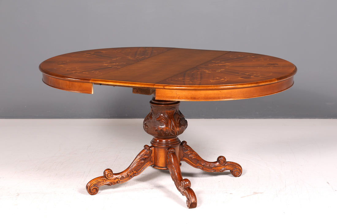 Magnifique table à manger ovale style baroque anglais extensible, table de cuisine en bois massif, table de salle à manger vintage