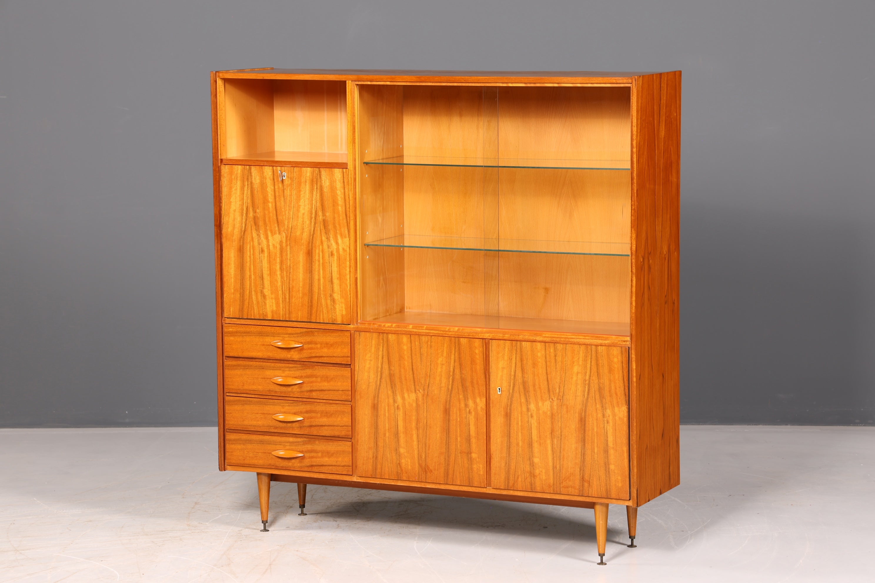 Wunderschöner Mid Century Schrank Vintage Highboard Vitrine Bücherschrank Wohnzimmerschrank Barschrank echt Holz 60er