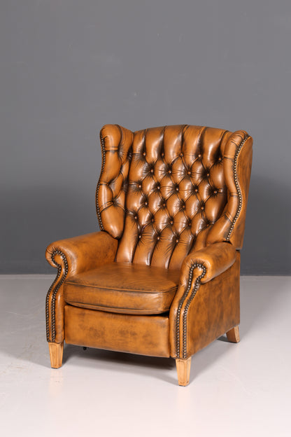 Fauteuil à oreilles Chesterfield original en cuir véritable, fauteuil club anglais en cuir, fauteuil inclinable en cuir souple, style antique vintage