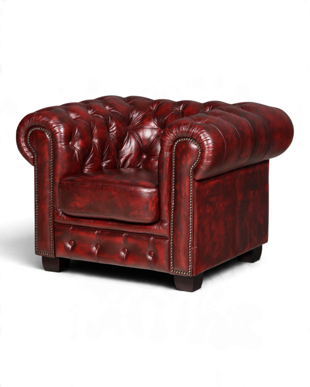 Élégant fauteuil Chesterfield original Oxblood en cuir véritable, fauteuil anglais à accoudoirs, fauteuil de gentleman vintage
