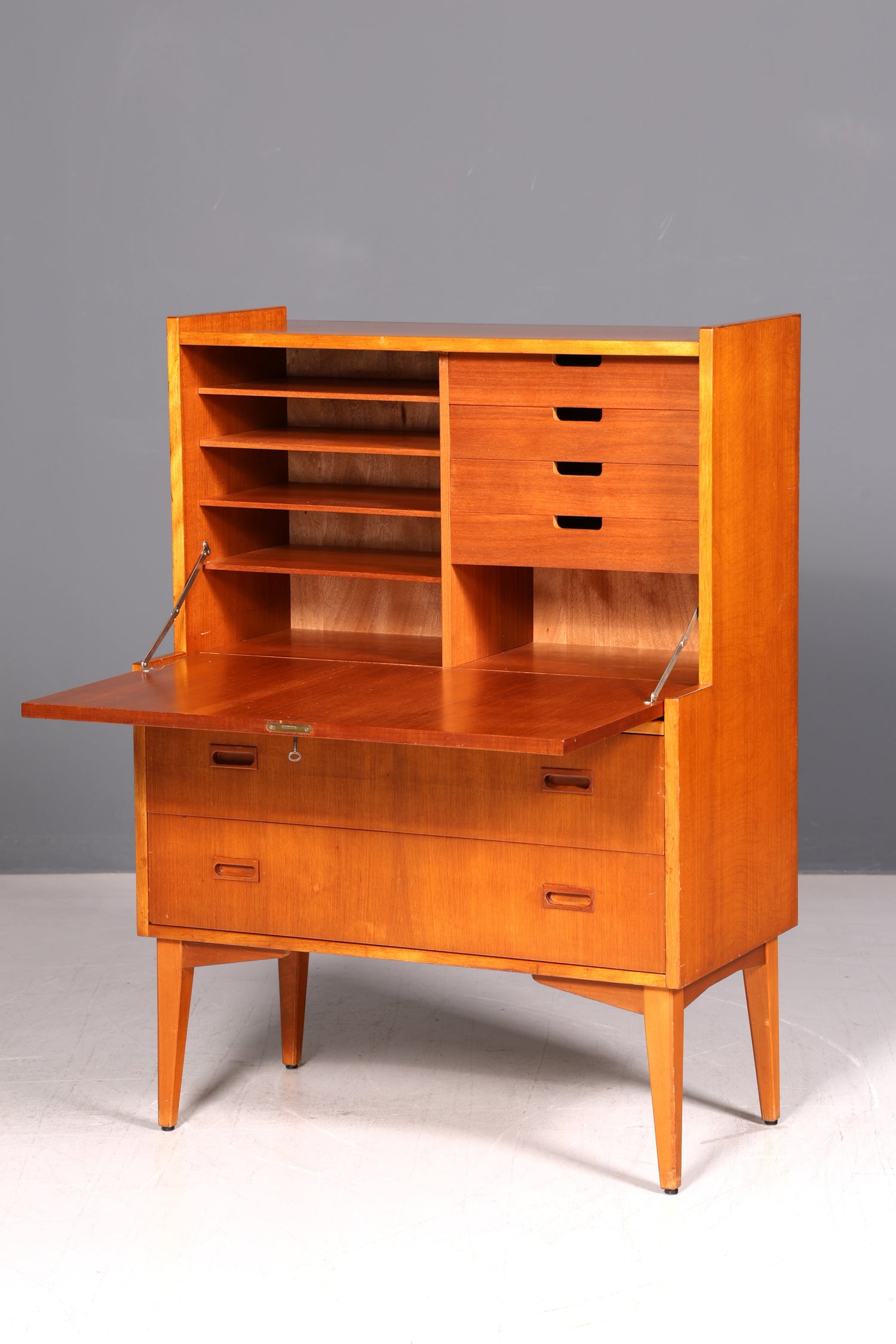 Schlichter Mid Century Sekretär Teak Vintage Schreibmöbel Kommode Office Secretary Retro 60er Schreibsekretär Skandinavisch