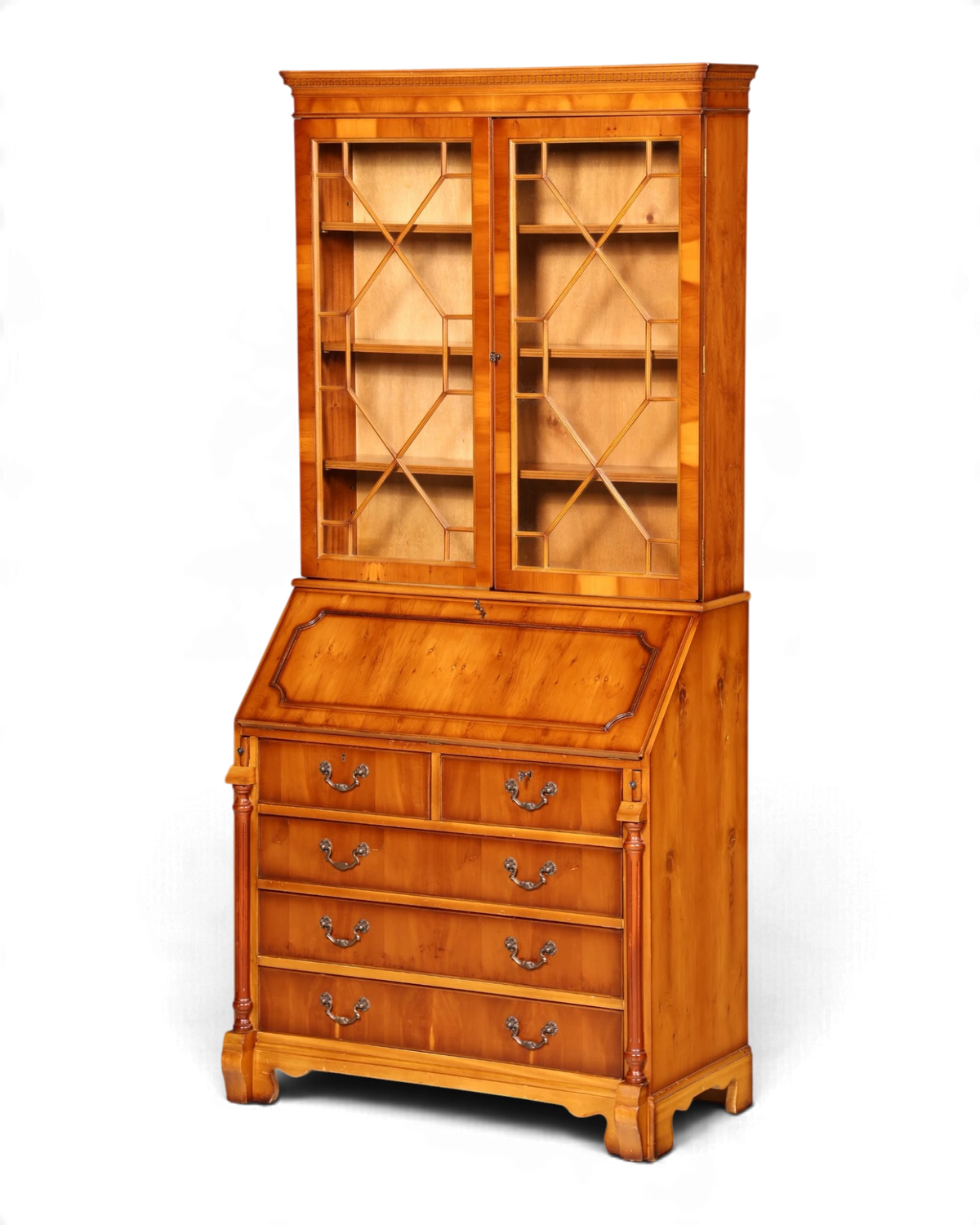 Secrétaire anglais élégant à poser, en if massif, meuble vitrine, armoire de bureau, vintage britannique
