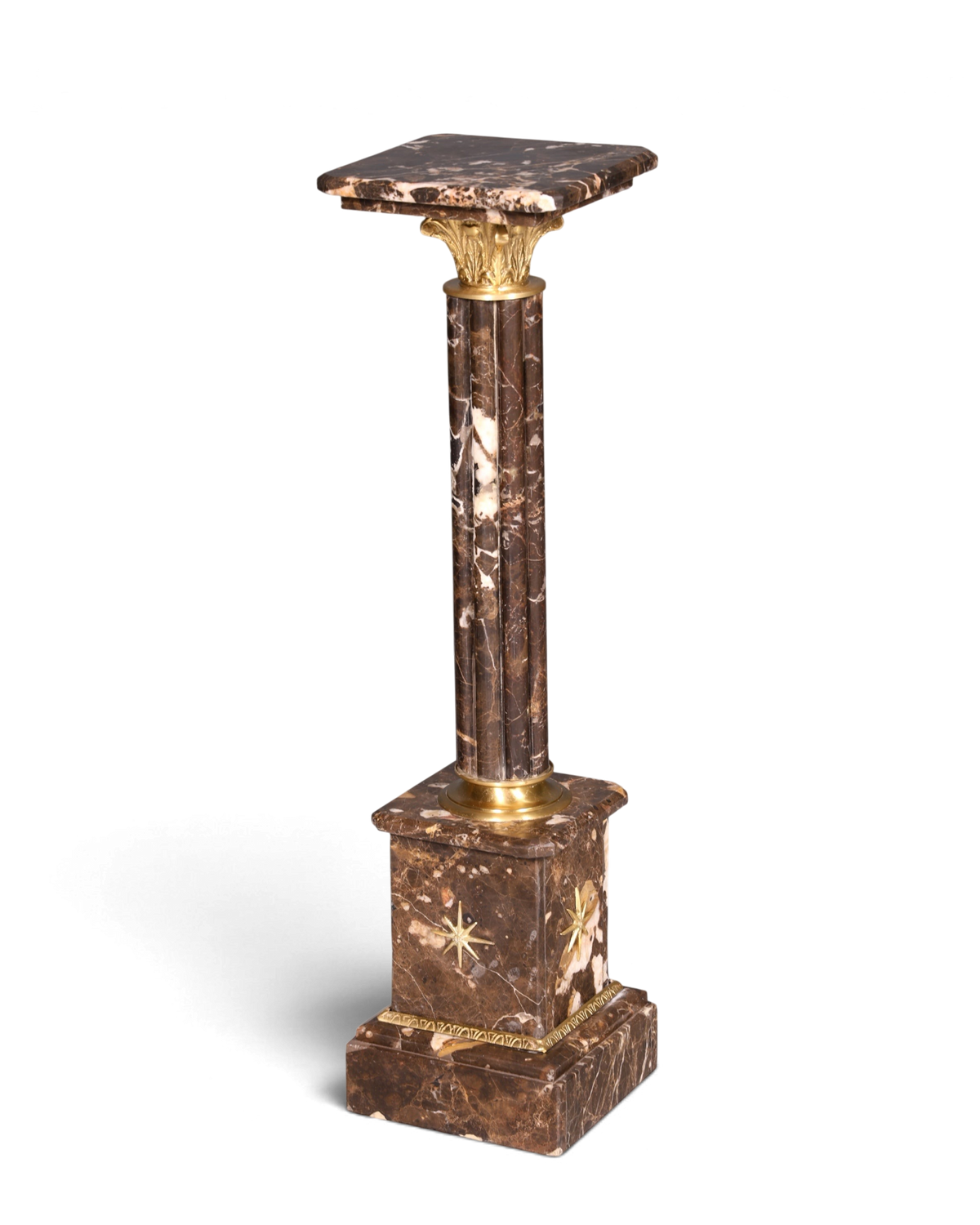 Hauptstadt Möblerei Barock-Säule aus braunem Marmor im Louis XV Stil mit goldenen Verzierungen und quadratischer Ablage