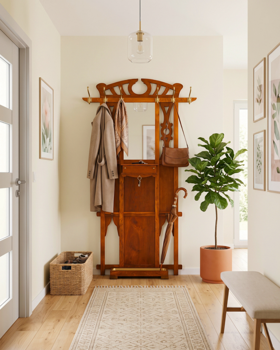 Hauptstadt Möblerei Jugendstil Wandgarderobe aus Holz mit Spiegel, Kleiderhaken und Ablage in einem hellen Flur
