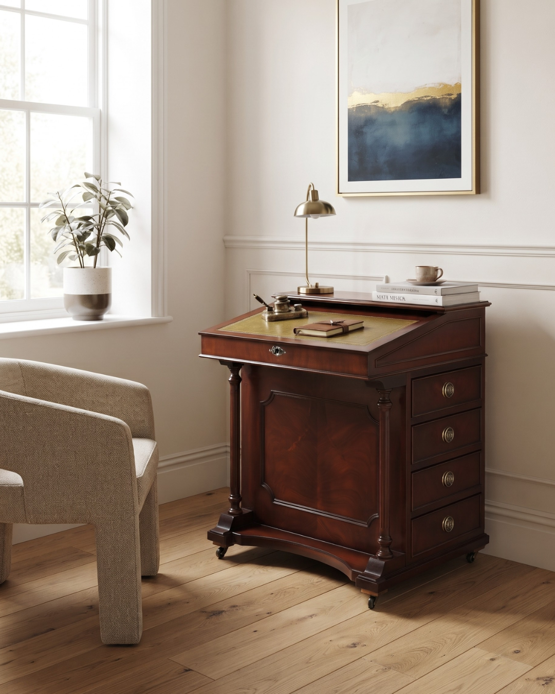 Beautiful English Davenport Desk Secretary Leather Top Dresser
