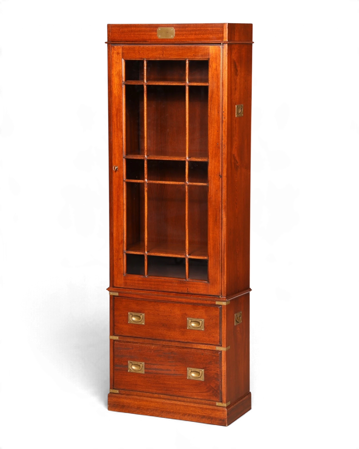 Magnifique vitrine maritime anglaise de style militaire, bibliothèque avec porte à croisillons, meuble vitrine avec tiroirs 1 sur 2