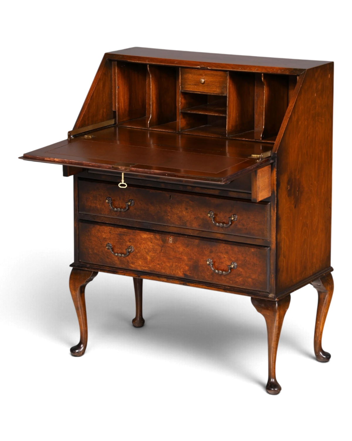 Élégant secrétaire anglais de style Queen Anne, commode-bureau Chippendale avec sous-main en cuir, bureau vintage
