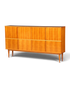 Hauptstadt Möblerei Mid Century Highboard aus hellem Echtholz mit acht Türen und konischen Beinen im 60er Jahre Stil