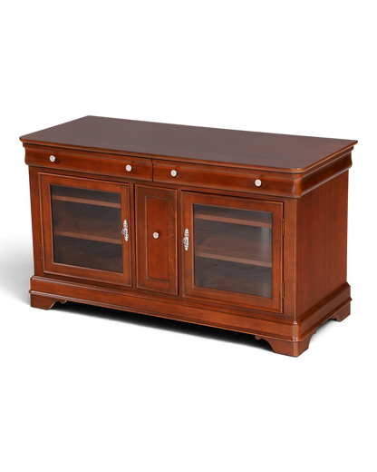 Hauptstadt Möblerei Sideboard aus dunklem Holz mit zwei Glastüren, Schubladen und dekorativen silbernen Griffen