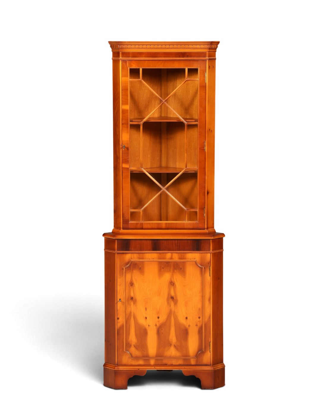Hauptstadt Möblerei englische Eckvitrine aus Eibenholz mit Glastüren und dekorativer Maserung im Vintage-Stil