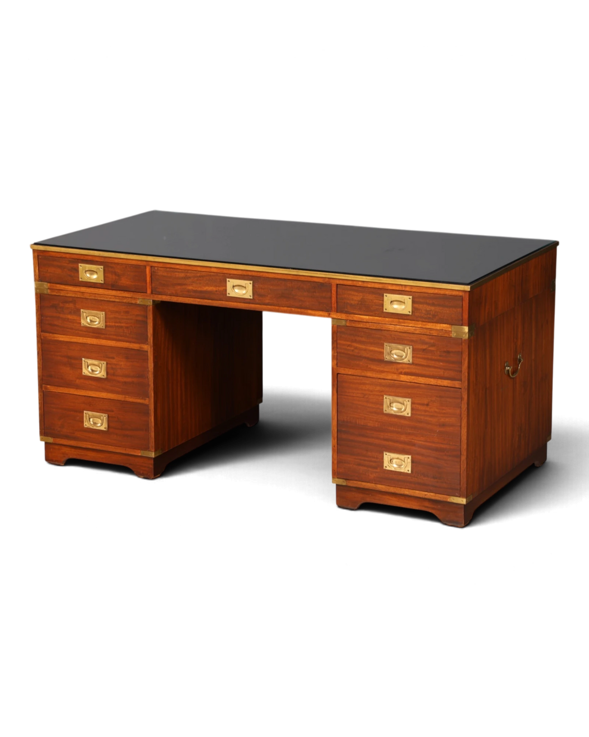 Magnificent maritime desk, English military chest office table with glass top and genuine leather inlay
