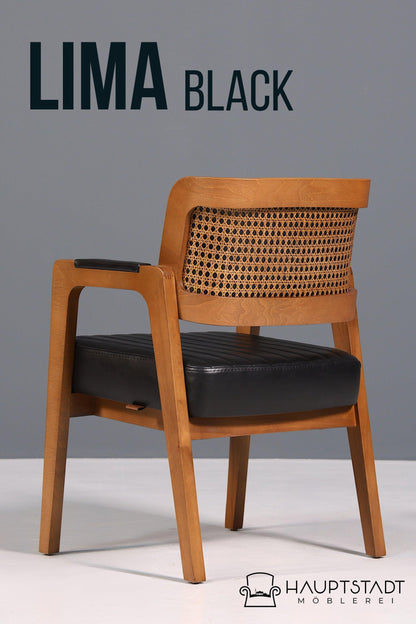 Edler Armlehnstuhl "LIMA" Esszimmerstuhl mit Korbgeflecht Schwarz Leder Armlehnstuhl Küchenstuhl Polsterstuhl