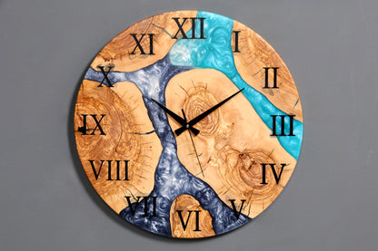 Magnifique horloge murale artisanale en résine époxy, motif olivier, motif océan bleu, horloge analogique en époxy