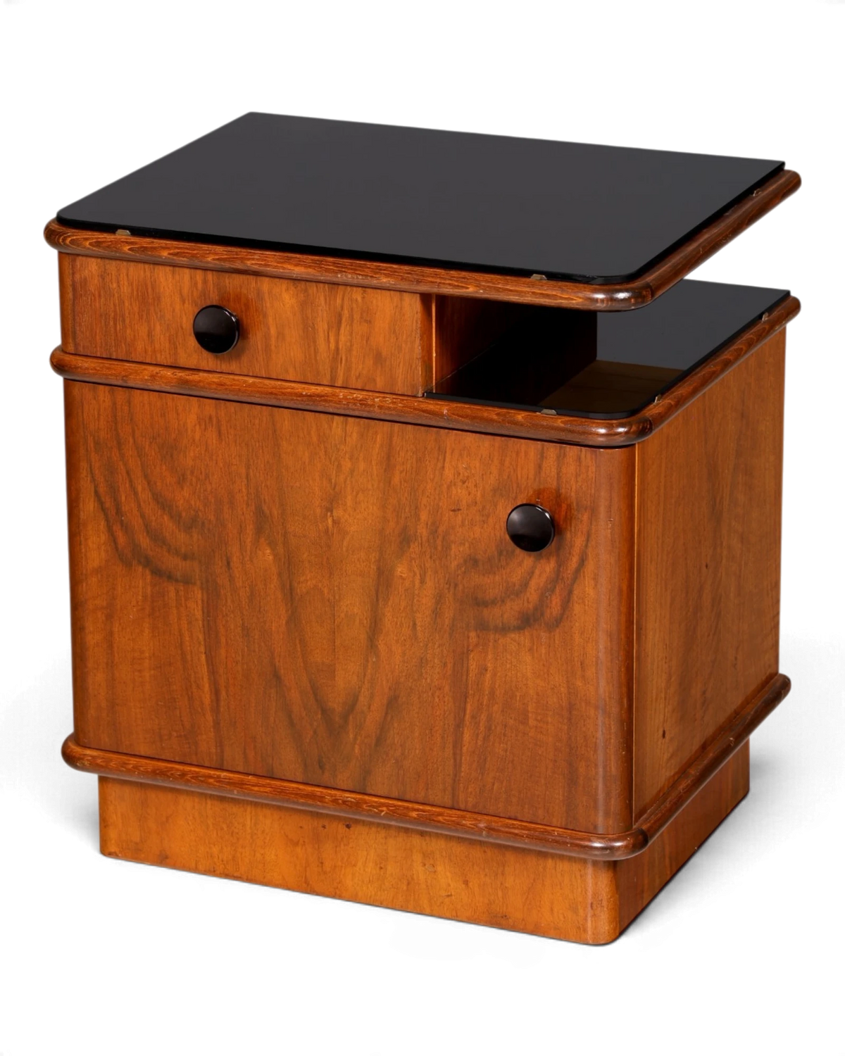 Eleganter Art Deco Nachttisch Jindřich Halabala UP Závody schwarze Glasplatte Nachtschrank Nachtkonsole 2 von 2