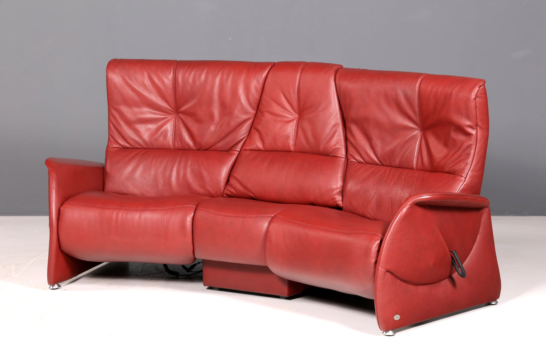 Élégant canapé en cuir Himolla Trapez 3 places, cuir véritable rouge, canapé relax électrique réglable, vintage