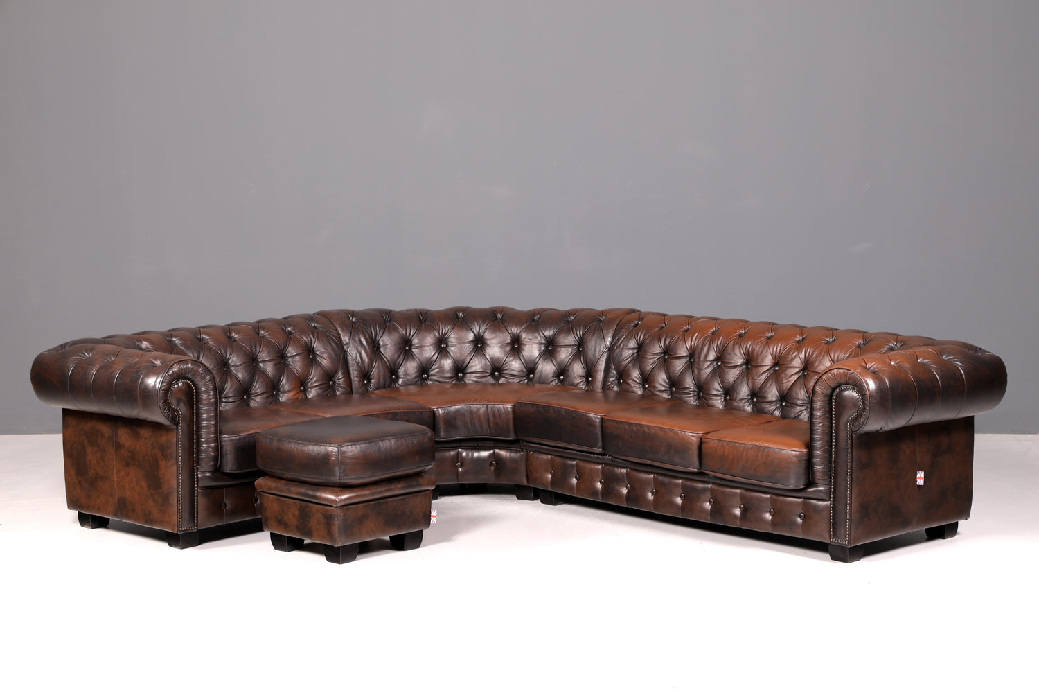 Edles Original Chesterfield Sofa Ecksofa mit Hocker Echt Leder Englisch Eckcouch Leder Couch Antik Vintage