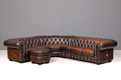 Edles Original Chesterfield Sofa Ecksofa mit Hocker Echt Leder Englisch Eckcouch Leder Couch Antik Vintage