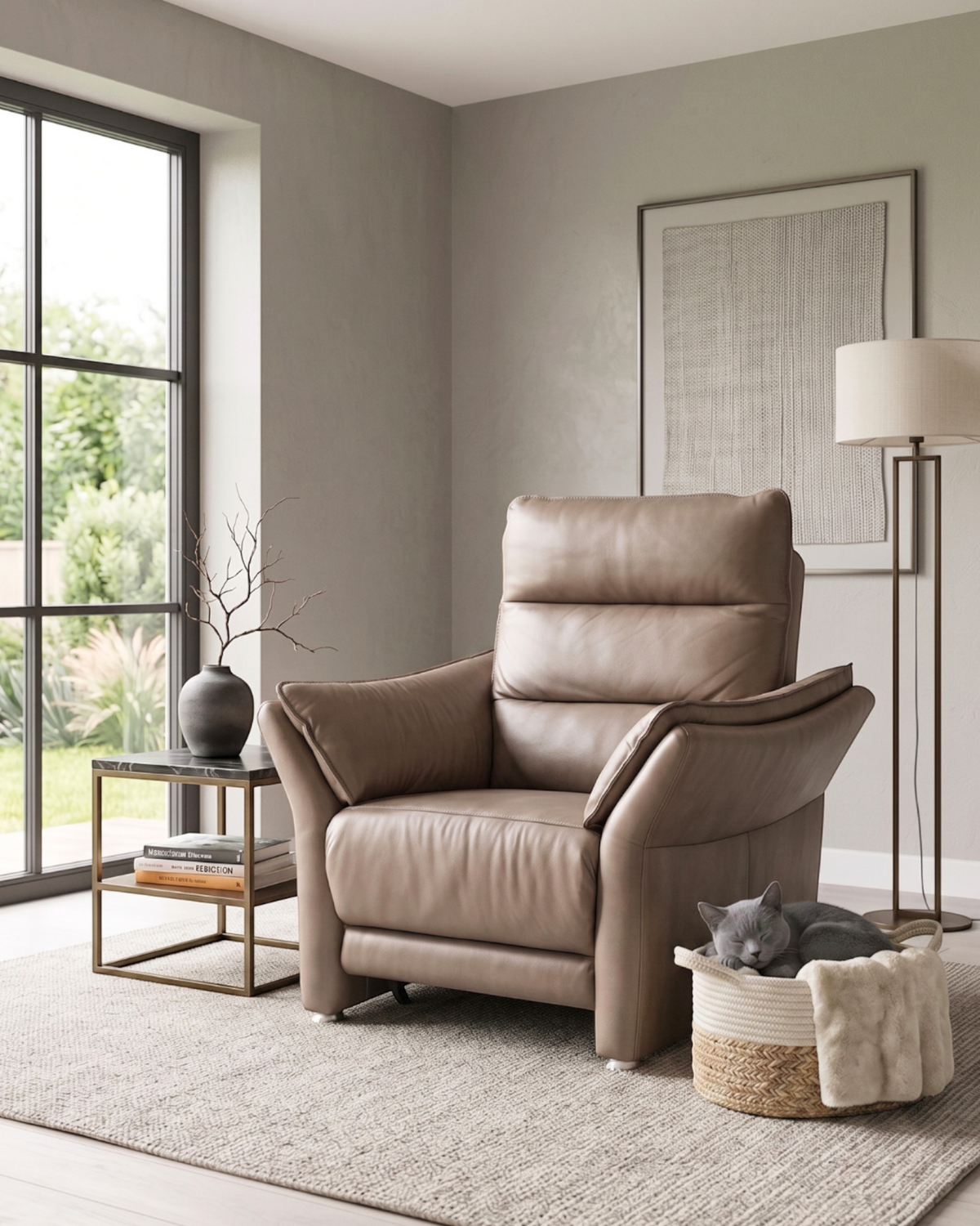 Magnifique fauteuil moderne en cuir taupe, cuir véritable, fauteuil relax, fauteuil lounge, fauteuil rembourré, fauteuil à accoudoirs vintage