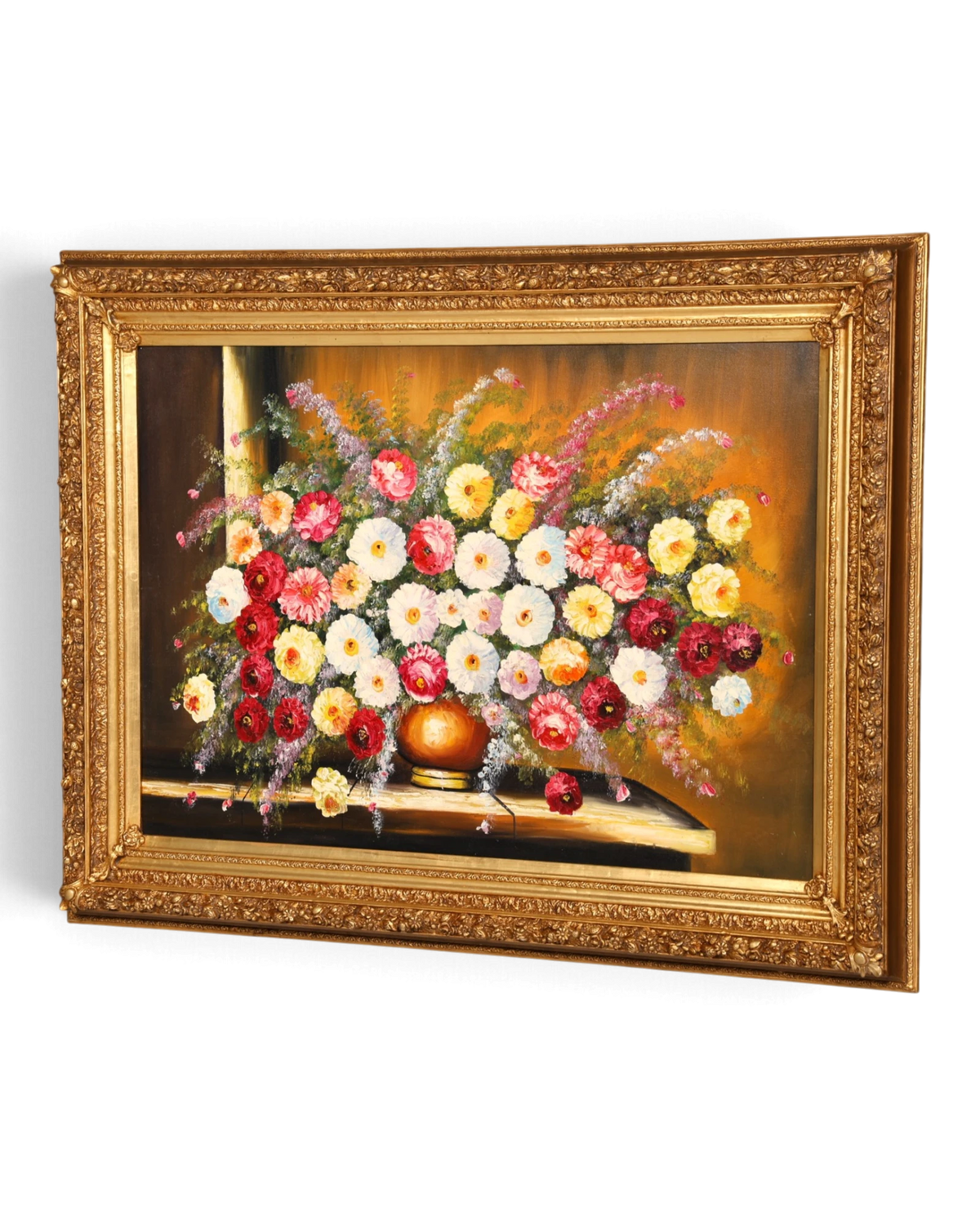 Tableau XXL somptueux de style baroque représentant une nature morte florale, peinture murale dorée peinte à la main, art mural